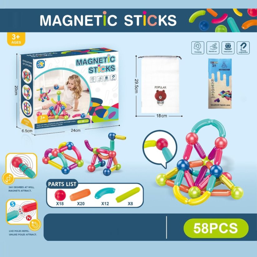 Magnetická stavebnice 58 ks Sticks