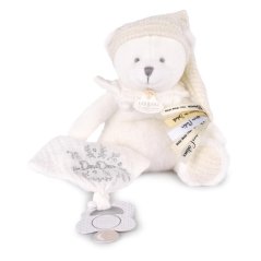 Doudou Dárková sada Plyšový medvídek s úchytem na dudlík a dečkou béžový 20 cm