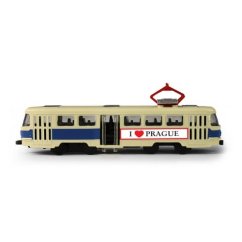 Kovová česká retro tramvaj modrá 16 cm PRAGUE otevírací dveře