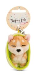 NICI klíčenka spící Pejsek Welsh Corgi 12 cm, světle zelený košík, GREEN
