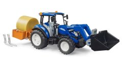 Bruder 2187 New Holland T5.120 s čelním nakladačem, korbou, vidlemi a kulatými balíky