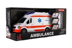 Auto ambulance plast 26cm s lehátkem na setrvačník se světlem se zvukem v krabici