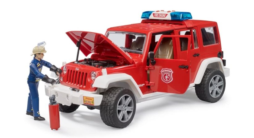 Bruder 2528 Jeep Wrangler Rubicon hasičský s figurkou a příslušenstvím
