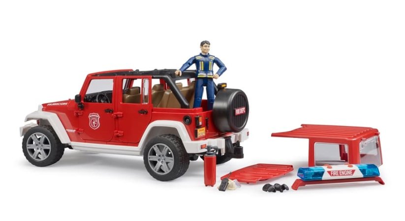 Bruder 2528 Jeep Wrangler Rubicon hasičský s figurkou a příslušenstvím