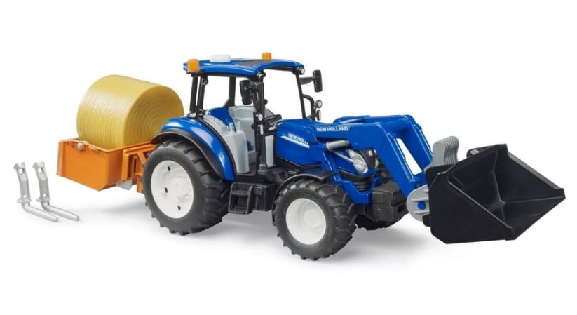 Bruder 2187 New Holland T5.120 s čelním nakladačem, korbou, vidlemi a kulatými balíky