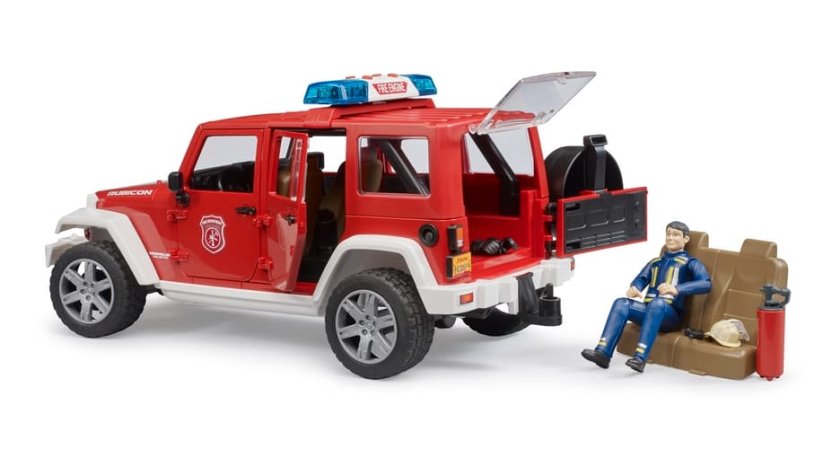 Bruder 2528 Jeep Wrangler Rubicon hasičský s figurkou a příslušenstvím