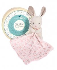 Doudou Dárková sada - Plyšový  králiček s růžovou dečkou z  BIO bavlny 15 cm