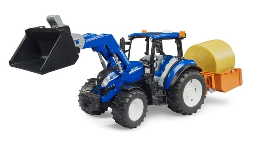 Bruder 2187 New Holland T5.120 s čelním nakladačem, korbou, vidlemi a kulatými balíky