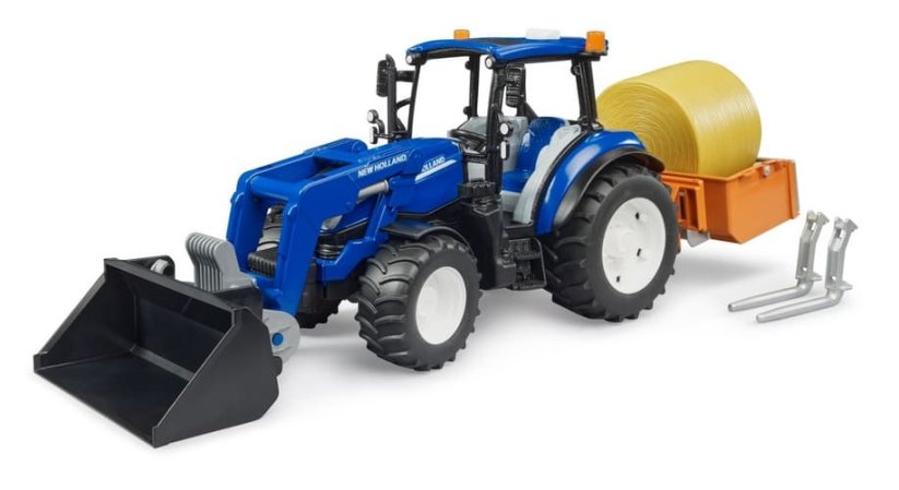 Bruder 2187 New Holland T5.120 s čelním nakladačem, korbou, vidlemi a kulatými balíky