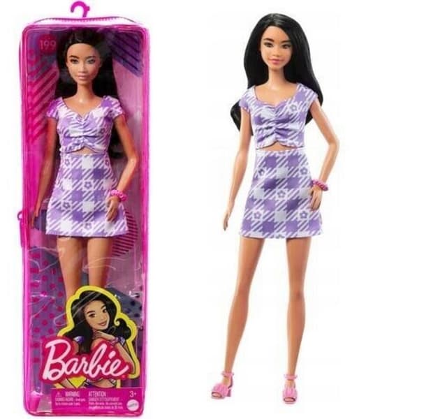 Barbie Modelka - fialkové kostkované šaty HJR98