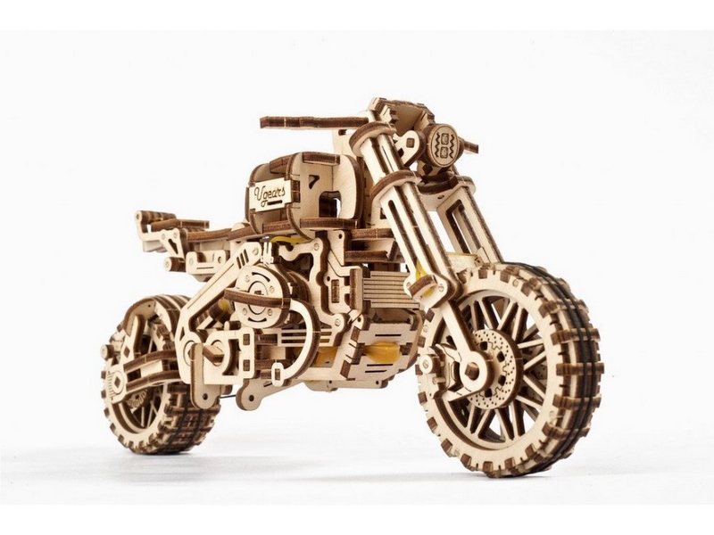 Ugears 3D dřevěné mechanické puzzle UGR-10 Motorka (scrambler) s vozíkem