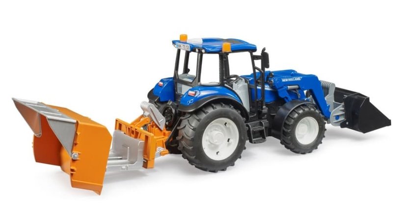 Bruder 2187 New Holland T5.120 s čelním nakladačem, korbou, vidlemi a kulatými balíky