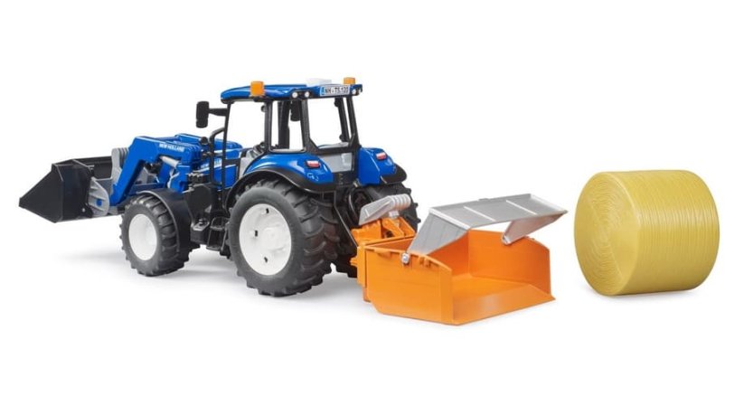 Bruder 2187 New Holland T5.120 s čelním nakladačem, korbou, vidlemi a kulatými balíky